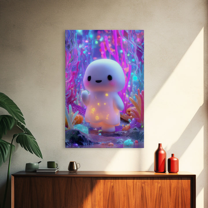The Ghost And Firefly Friends, Synthwave Halloween Art, Vertical Wall Art, Framed Canvas Print, Retro Halloween Decor, Neon Wall Art