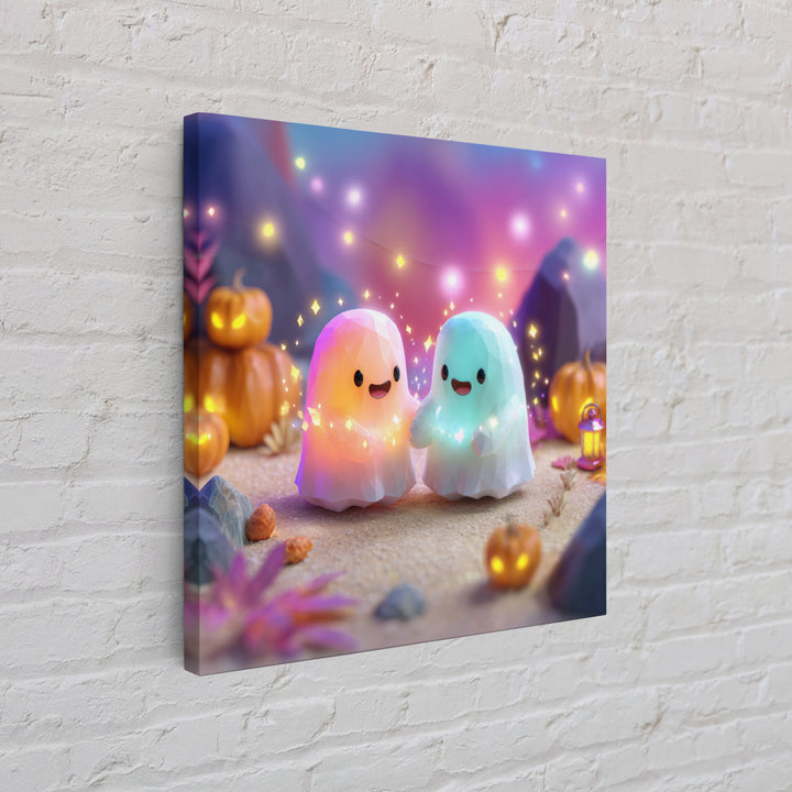 The Ghost And Firefly Friends, Cute Spooky Neon Art, Square Wall Art, Framed Canvas Print, Retro Halloween Decor, Neon Wall Art