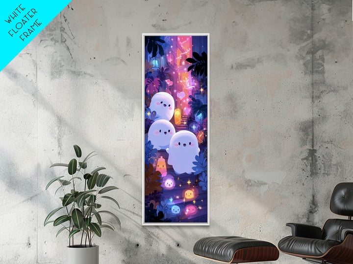 The Ghost And Firefly Friends, Vaporwave Halloween Decor, Tall Narrow Wall Art, Canvas Print, Retro Halloween Decor, Neon Wall Art