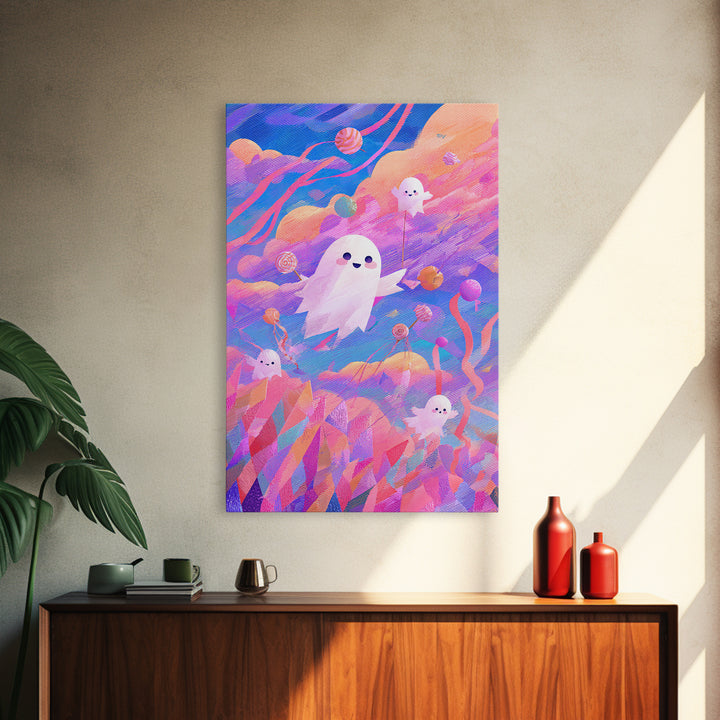 The Ghost Kite Festival, 80s Halloween Wall Art, Vertical Wall Art, Framed Canvas Print, Retro Halloween Decor, Neon Wall Art