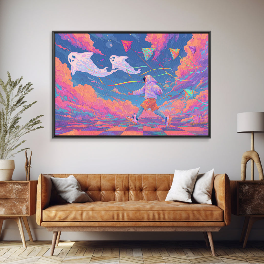 The Ghost Kite Festival, 80s Halloween Wall Art, Landscape Wall Art, Framed Canvas Print, Retro Halloween Decor, Neon Wall Art