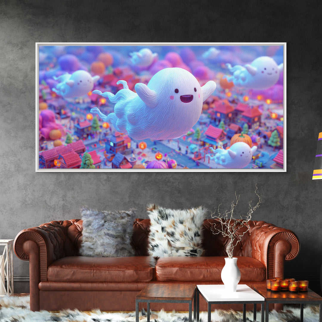 The Ghost Kite Festival, 80s Halloween Wall Art, Wide Panoramic Art, Framed Canvas Print, Retro Halloween Decor, Neon Wall Art