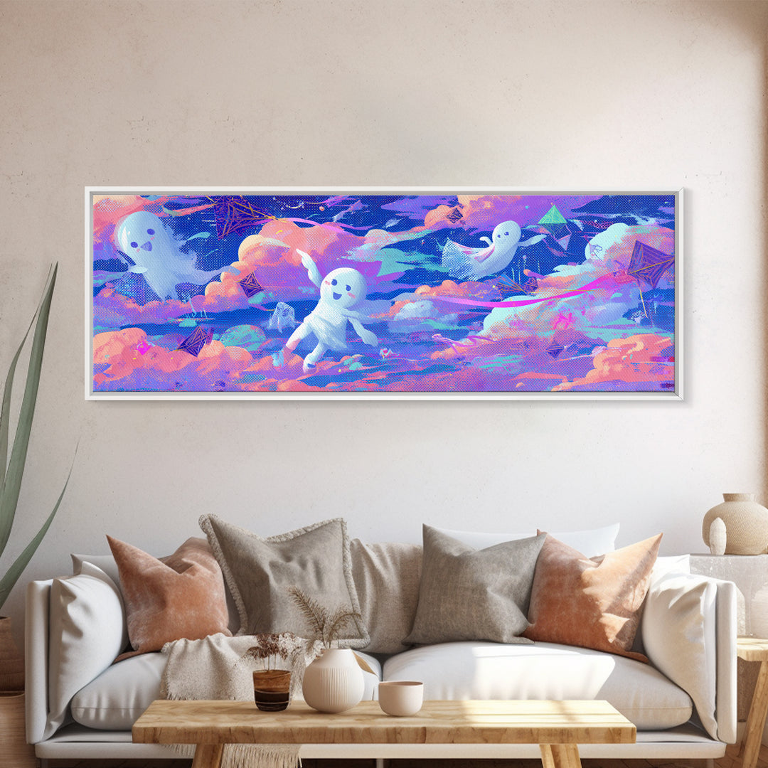 The Ghost Kite Festival, Retro Neon Halloween Art, Extra Wide Wall Art, Canvas Print, Retro Halloween Decor, Neon Wall Art