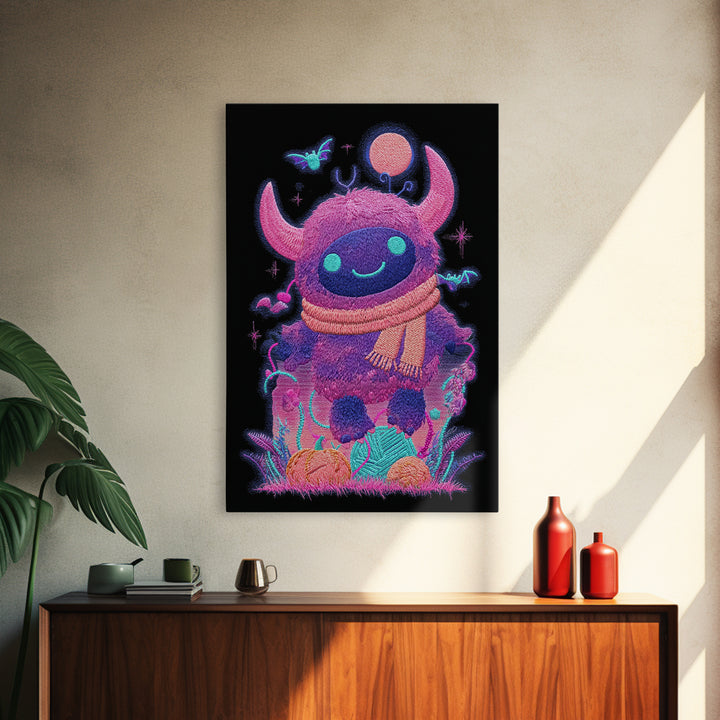 The Fuzzy Purple Monster, Synthwave Halloween Art, Vertical Wall Art, Canvas Print, Retro Halloween Decor, Neon Wall Art, Macabre Wall Art