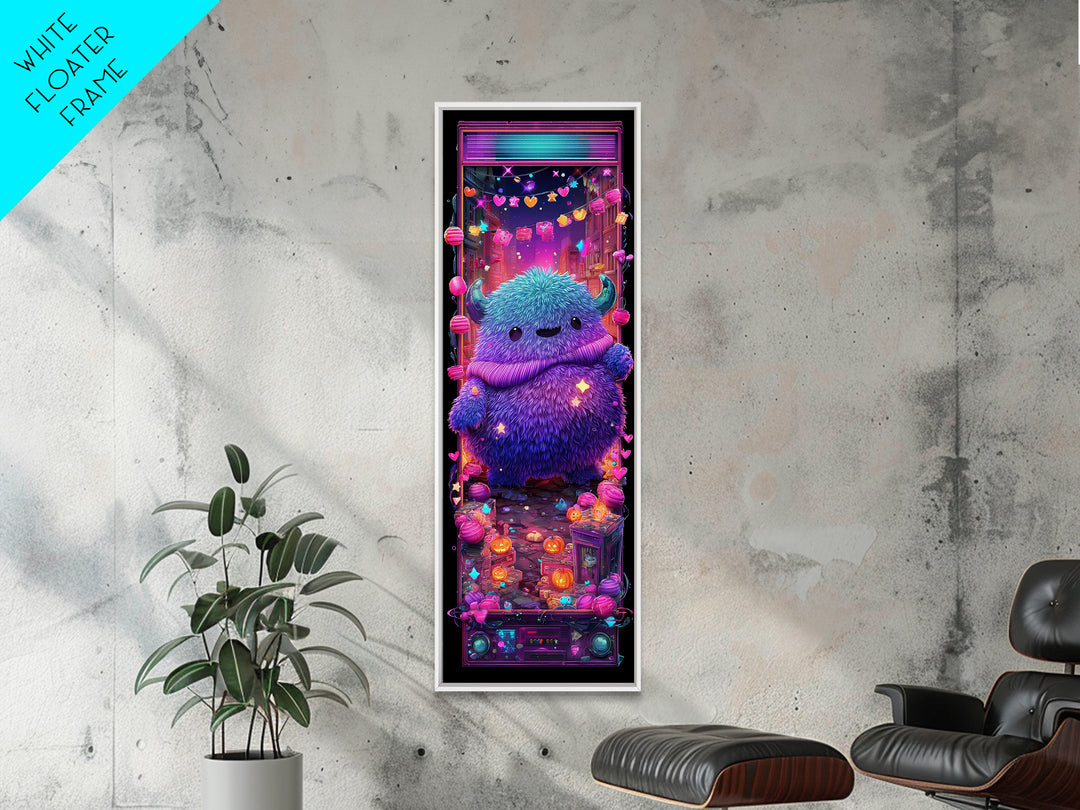 The Fuzzy Purple Monster, Synthwave Halloween Art, Tall Narrow Wall Art, Canvas Print, Retro Halloween Decor, Neon Wall Art