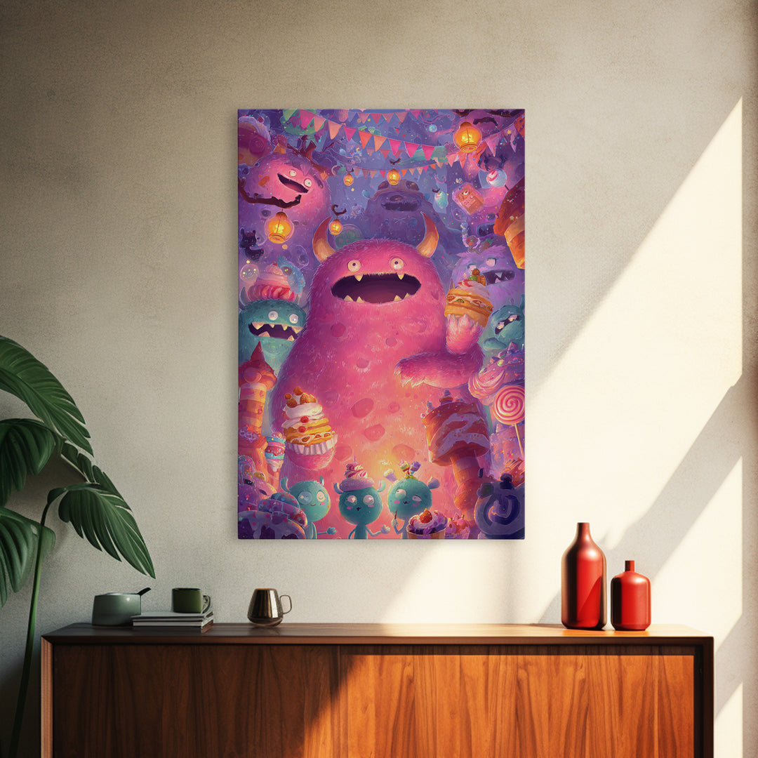 The Polka-Dot Monster, Vaporwave Halloween Decor, Vertical Wall Art, Framed Canvas Print, Retro Halloween Decor, Neon Wall Art