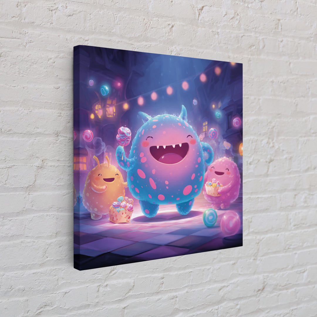 The Polka-Dot Monster, Synthwave Halloween Art, Square Wall Art, Framed Canvas Print, Retro Halloween Decor, Neon Wall Art