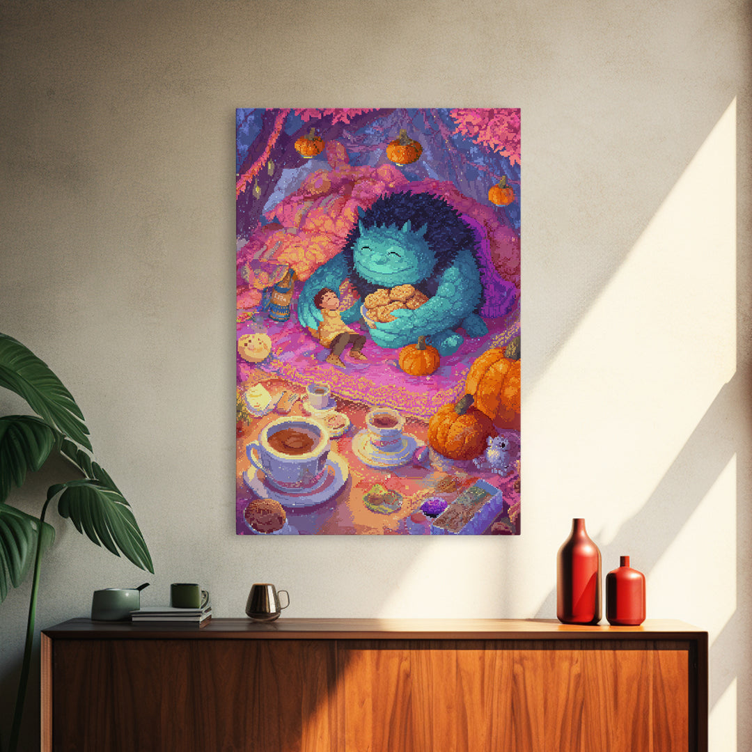 The Monster Under The Bed Tea Party, Retro Neon Halloween Art, Vertical Wall Art, Canvas Print, Retro Halloween Decor, Neon Wall Art