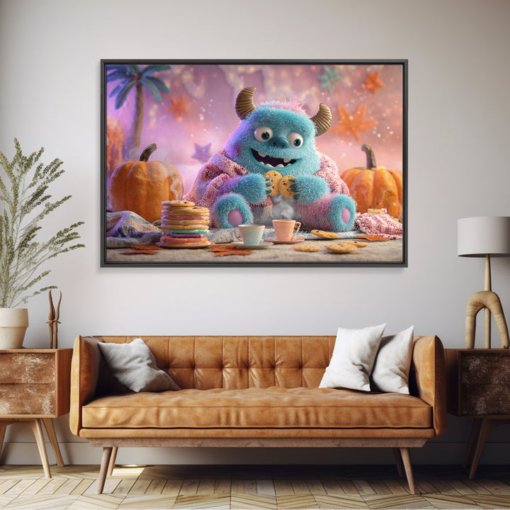 The Monster Under The Bed Tea Party, Vaporwave Halloween Decor, Landscape Wall Art, Canvas Print, Retro Halloween Decor, Neon Wall Art