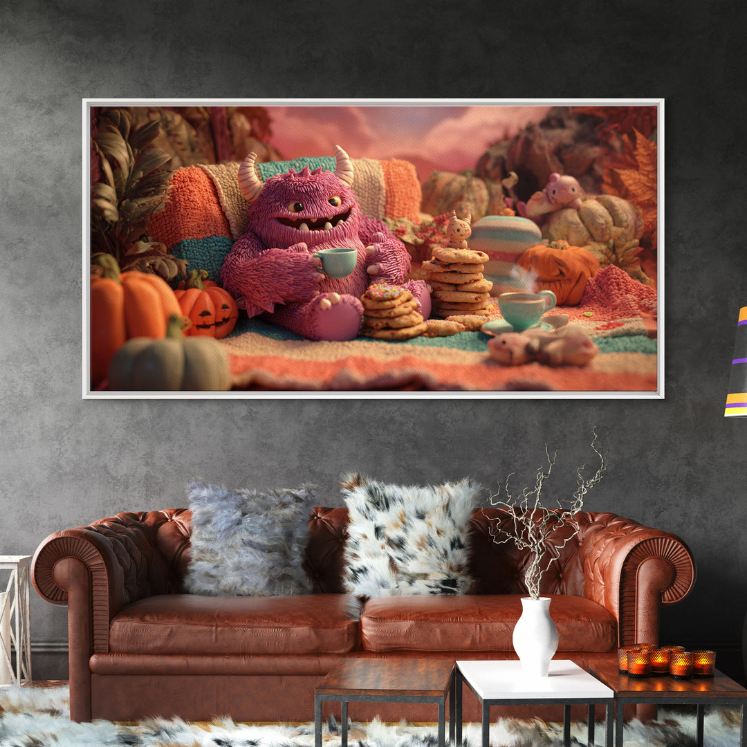 The Monster Under The Bed Tea Party, Vaporwave Halloween Decor, Wide Panoramic Art, Framed Canvas Print, Retro Halloween Decor