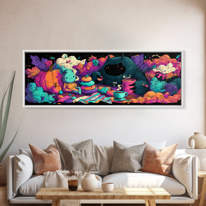 The Monster Under The Bed Tea Party, Synthwave Halloween Art, Extra Wide Wall Art, Canvas Print, Retro Halloween Decor, Neon Wall Art
