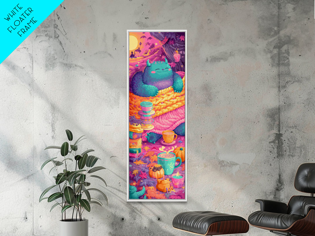 The Monster Under The Bed Tea Party, Retro Neon Halloween Art, Tall Narrow Wall Art, Framed Canvas Print, Retro Halloween Decor