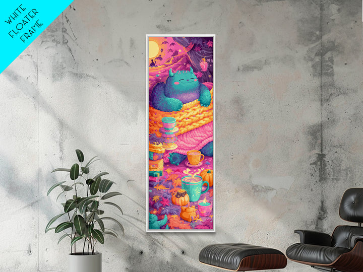 The Monster Under The Bed Tea Party, Retro Neon Halloween Art, Tall Narrow Wall Art, Framed Canvas Print, Retro Halloween Decor