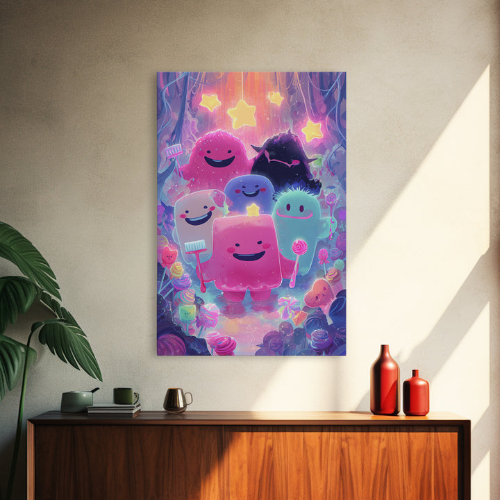 The Monster Toothbrush Club, Vaporwave Halloween Decor, Vertical Wall Art, Framed Canvas Print, Retro Halloween Decor, Neon Wall Art