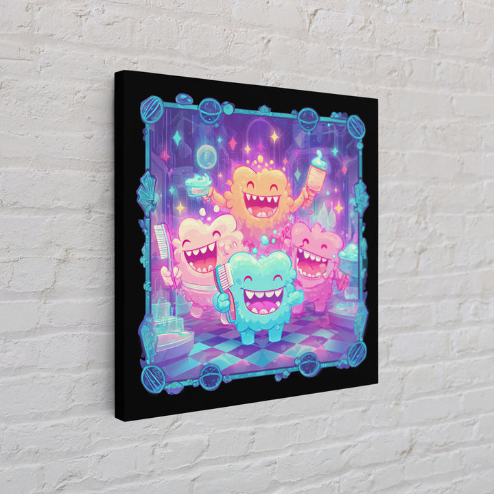 The Monster Toothbrush Club, Vaporwave Halloween Decor, Square Wall Art, Canvas Print, Retro Halloween Decor, Neon Wall Art