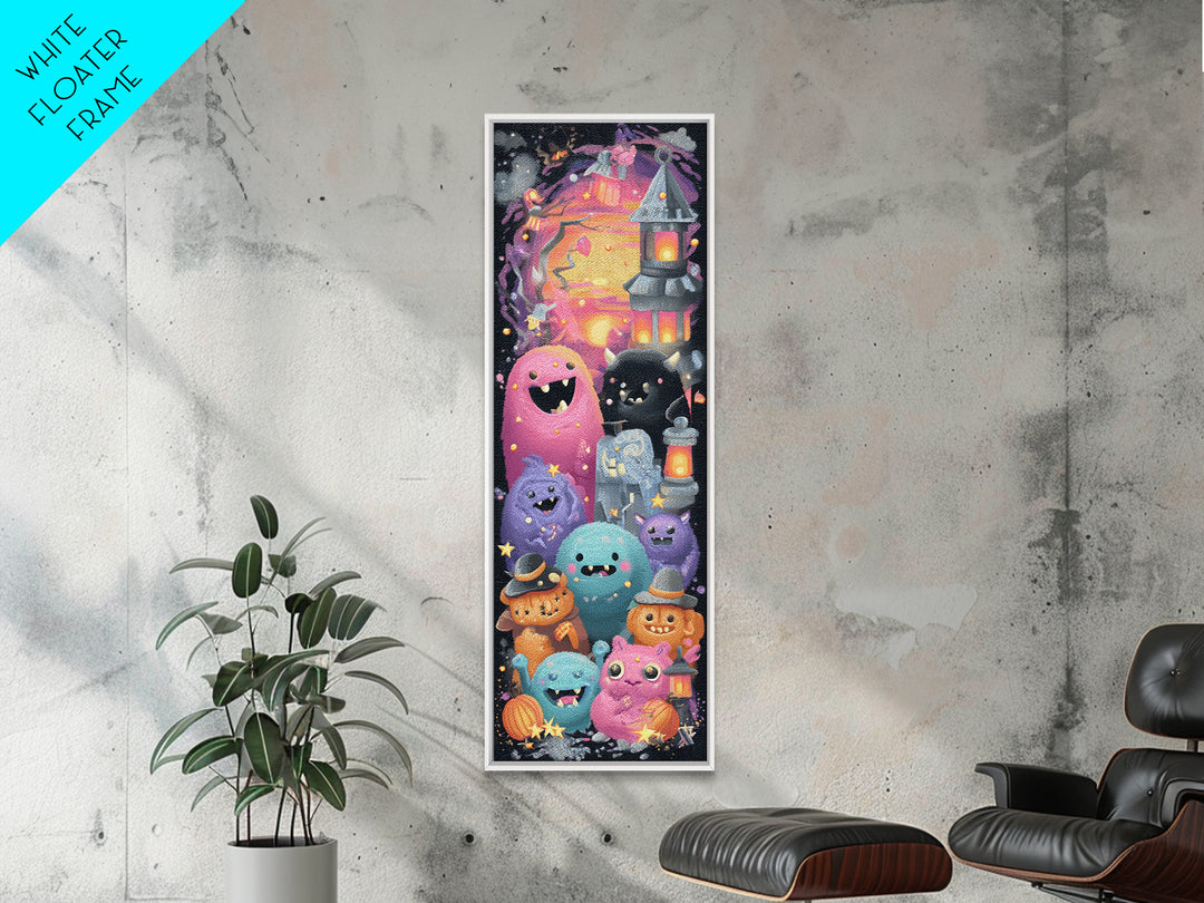 The Monster Toothbrush Club, Retro Neon Halloween Art, Tall Narrow Wall Art, Canvas Print, Retro Halloween Decor, Neon Wall Art