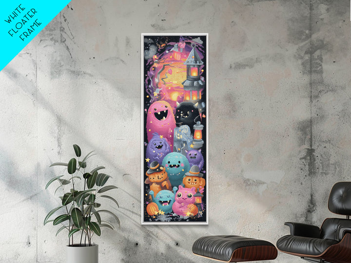 The Monster Toothbrush Club, Retro Neon Halloween Art, Tall Narrow Wall Art, Canvas Print, Retro Halloween Decor, Neon Wall Art