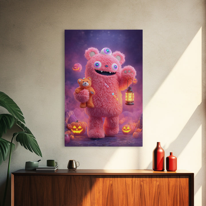 The Three-Eyed Teddy Monster, 80s Halloween Wall Art, Vertical Wall Art, Framed Canvas Print, Retro Halloween Decor, Neon Wall Art