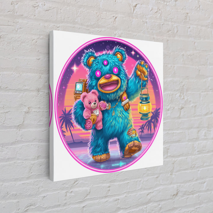 The Three-Eyed Teddy Monster, Cute Spooky Neon Art, Square Wall Art, Framed Canvas Print, Retro Halloween Decor, Neon Wall Art