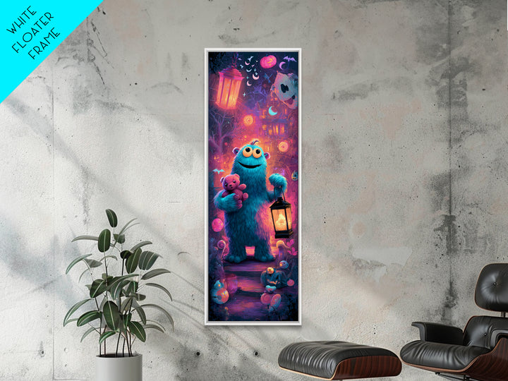 The Three-Eyed Teddy Monster, Vaporwave Halloween Decor, Tall Narrow Wall Art, Framed Canvas Print, Retro Halloween Decor, Neon Wall Art