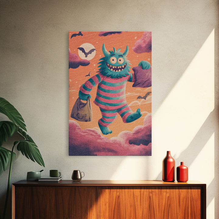 The Monster Pajama Parade, Synthwave Halloween Art, Vertical Wall Art, Framed Canvas Print, Retro Halloween Decor, Neon Wall Art