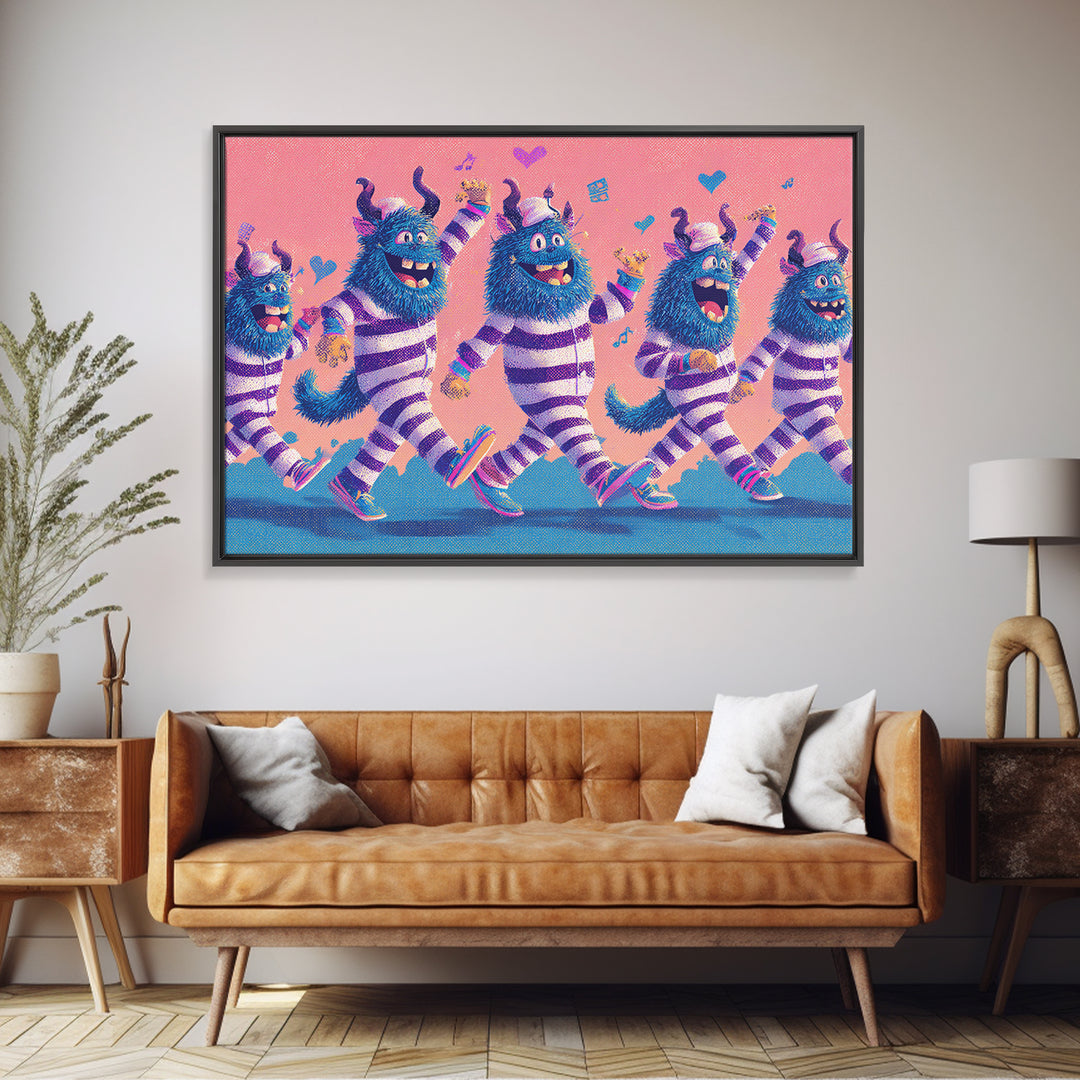 The Monster Pajama Parade, Vaporwave Halloween Decor, Landscape Wall Art, Canvas Print, Retro Halloween Decor, Neon Wall Art