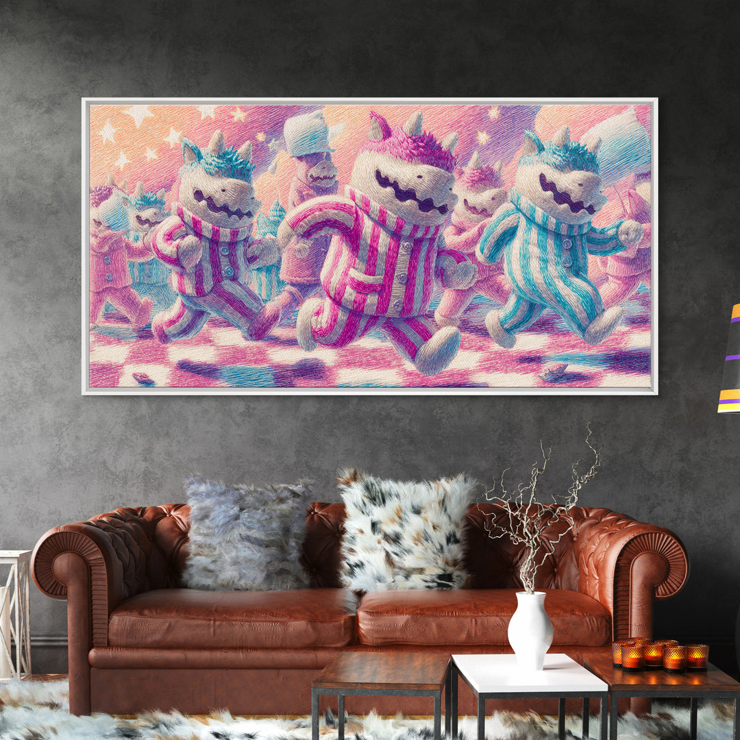 The Monster Pajama Parade, 80s Halloween Wall Art, Wide Panoramic Art, Framed Canvas Print, Retro Halloween Decor, Neon Wall Art