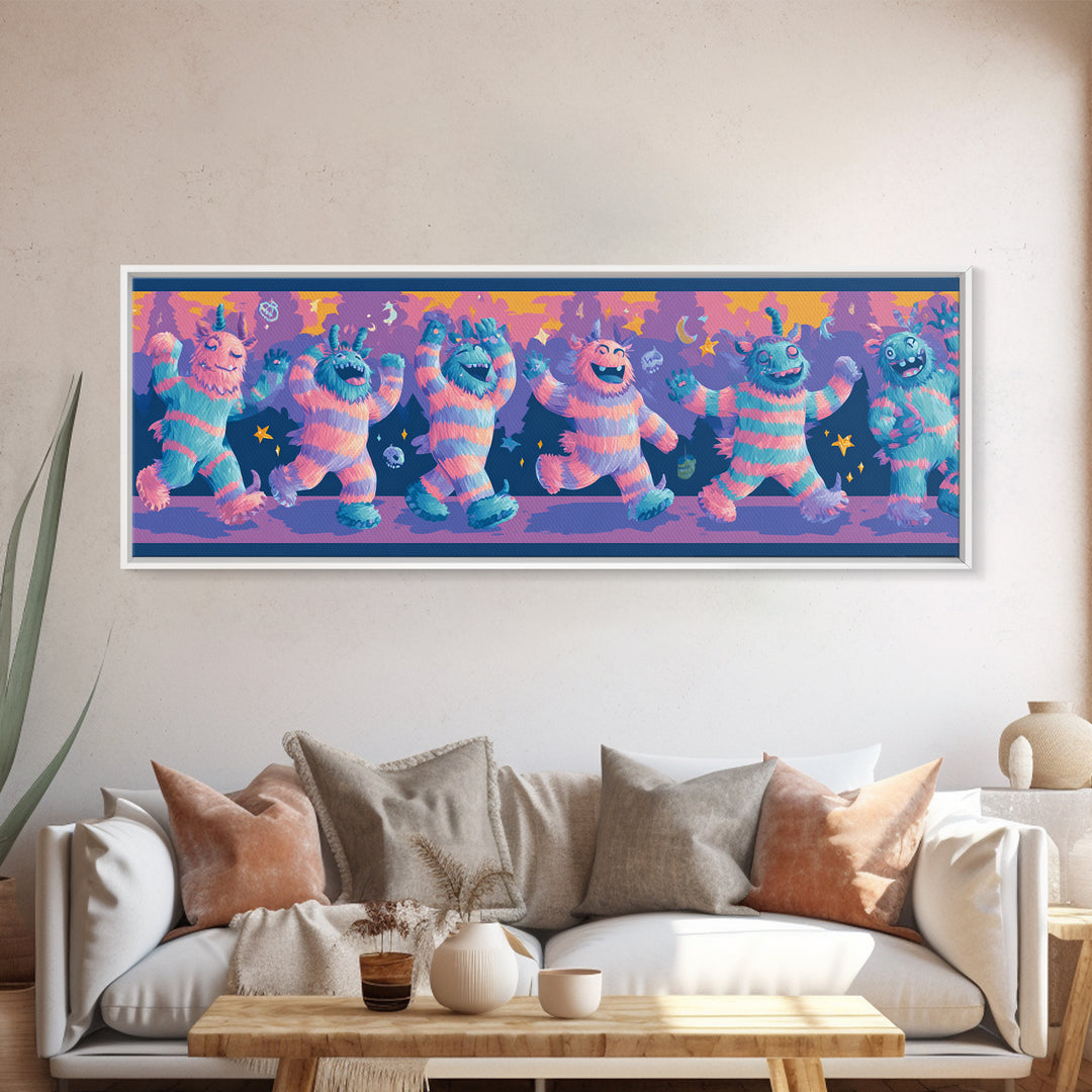 The Monster Pajama Parade, 80s Halloween Wall Art, Extra Wide Wall Art, Framed Canvas Print, Retro Halloween Decor, Neon Wall Art