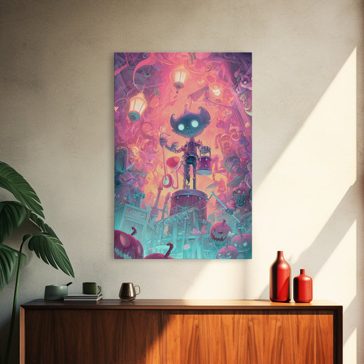 The Little Monster Orchestra, Synthwave Halloween Art, Vertical Wall Art, Canvas Print, Retro Halloween Decor, Neon Wall Art