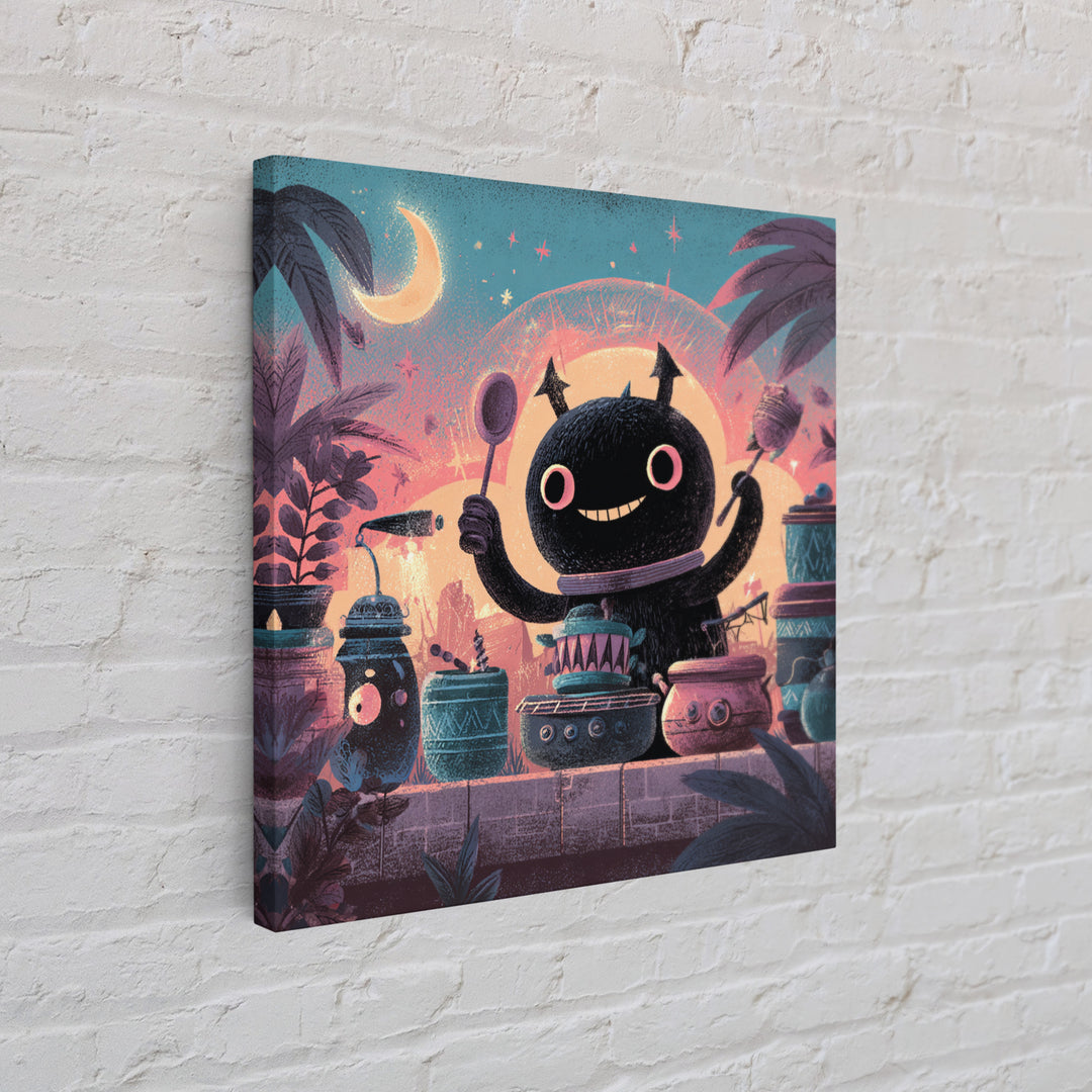 The Little Monster Orchestra, Cute Spooky Neon Art, Square Wall Art, Framed Canvas Print, Retro Halloween Decor, Neon Wall Art