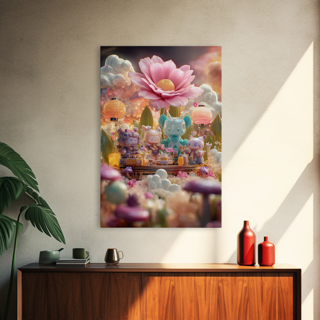 The Monster Flower Shop, Cute Spooky Neon Art, Vertical Wall Art, Framed Canvas Print, Retro Halloween Decor, Neon Wall Art