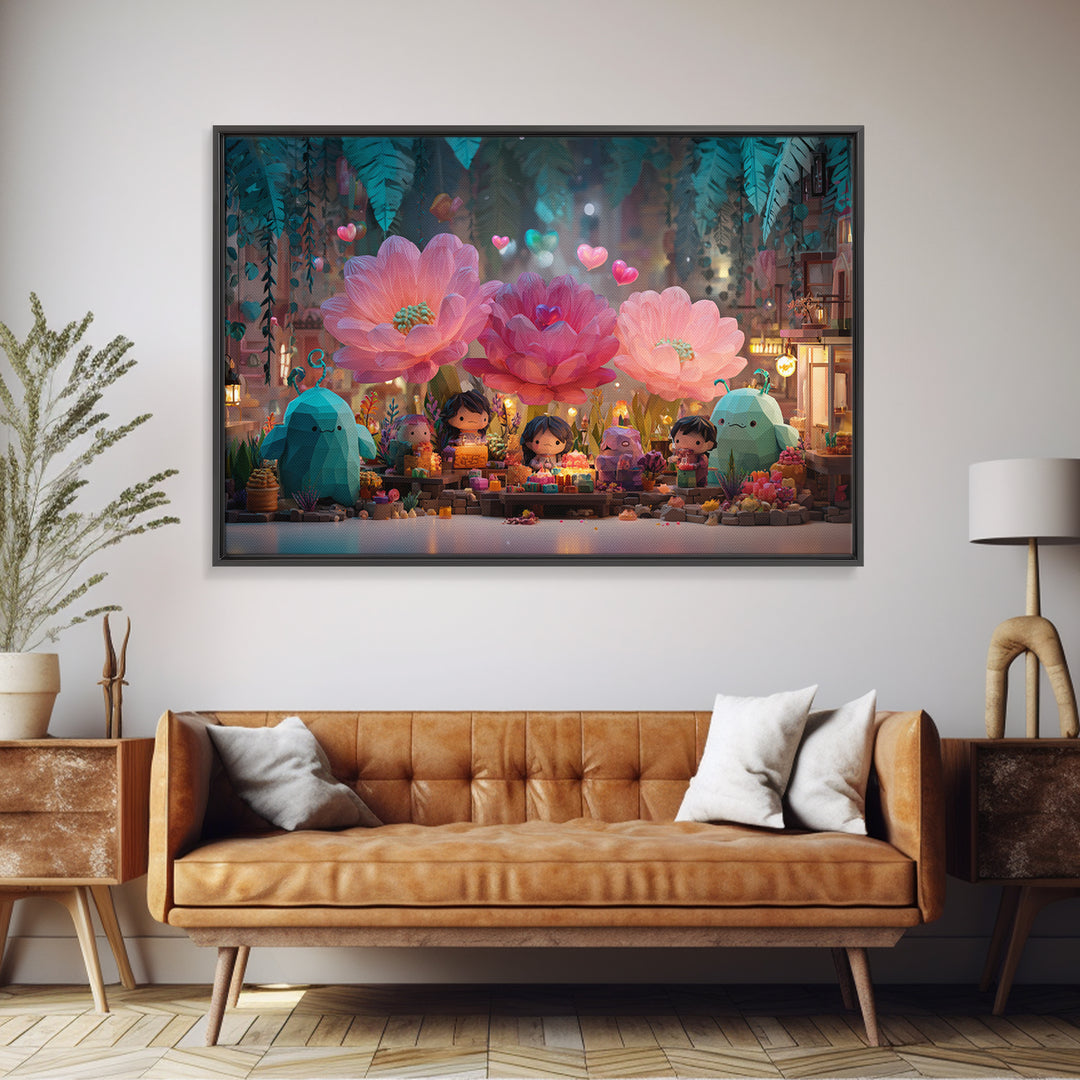 The Monster Flower Shop, Retro Neon Halloween Art, Landscape Wall Art, Framed Canvas Print, Retro Halloween Decor, Neon Wall Art