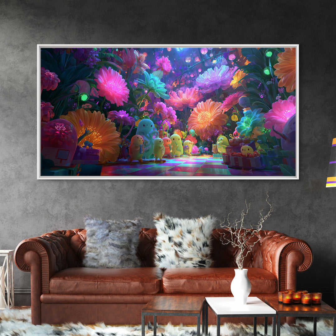 The Monster Flower Shop, Cute Spooky Neon Art, Wide Panoramic Art, Canvas Print, Retro Halloween Decor, Neon Wall Art, Macabre Wall Art