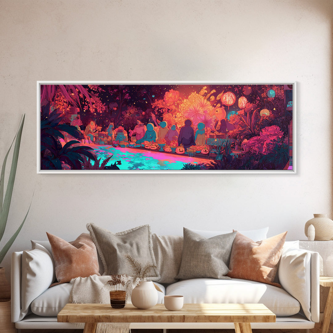 The Monster Flower Shop, Synthwave Halloween Art, Extra Wide Wall Art, Framed Canvas Print, Retro Halloween Decor, Neon Wall Art