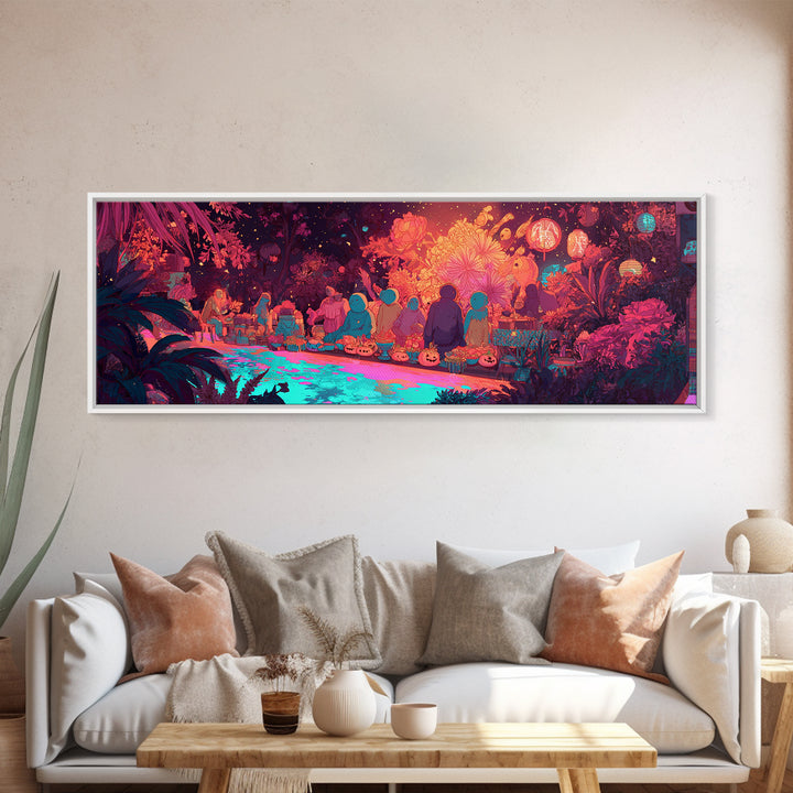 The Monster Flower Shop, Synthwave Halloween Art, Extra Wide Wall Art, Framed Canvas Print, Retro Halloween Decor, Neon Wall Art