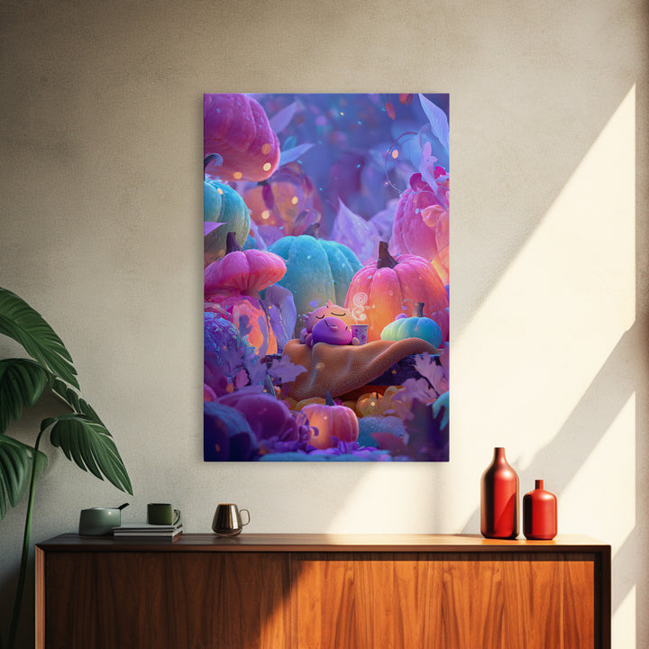 The Monster Hide-And-Seek Game, Synthwave Halloween Art, Vertical Wall Art, Canvas Print, Retro Halloween Decor, Neon Wall Art