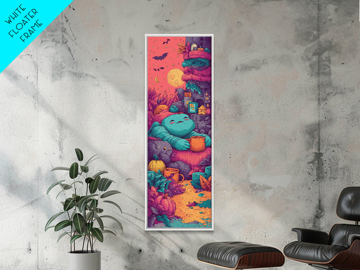The Monster Hide-And-Seek Game, Cute Spooky Neon Art, Tall Narrow Wall Art, Canvas Print, Retro Halloween Decor, Neon Wall Art