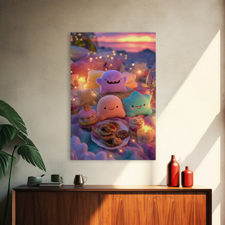 The Monster Friendship Picnic, Cute Spooky Neon Art, Vertical Wall Art, Canvas Print, Retro Halloween Decor, Neon Wall Art, Dark Fantasy Art