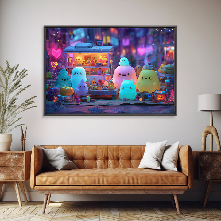 The Monster Friendship Picnic, Retro Neon Halloween Art, Landscape Wall Art, Framed Canvas Print, Retro Halloween Decor, Neon Wall Art