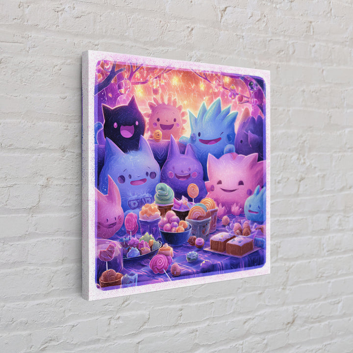 The Monster Friendship Picnic, Vaporwave Halloween Decor, Square Wall Art, Canvas Print, Retro Halloween Decor, Neon Wall Art