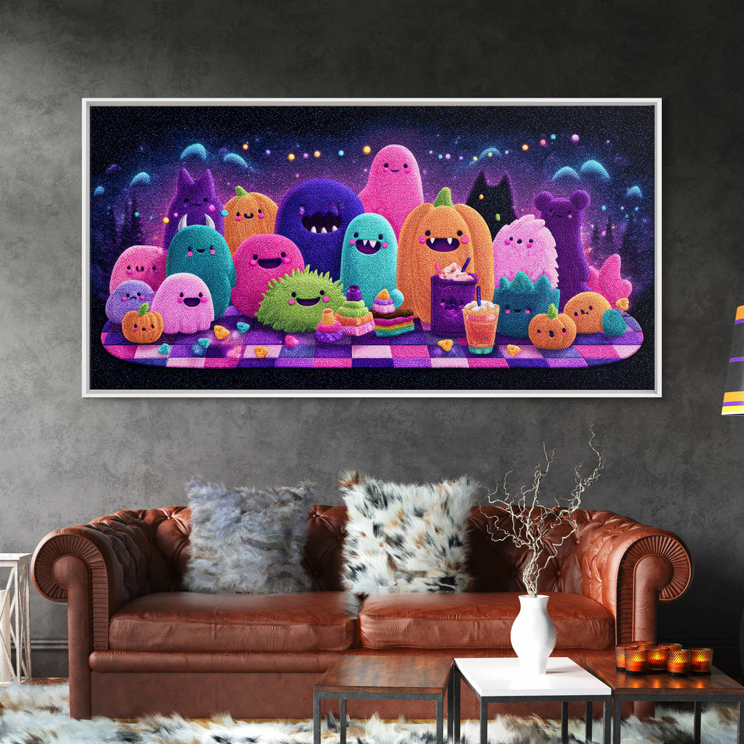 The Monster Friendship Picnic, Retro Neon Halloween Art, Wide Panoramic Art, Canvas Print, Retro Halloween Decor, Neon Wall Art