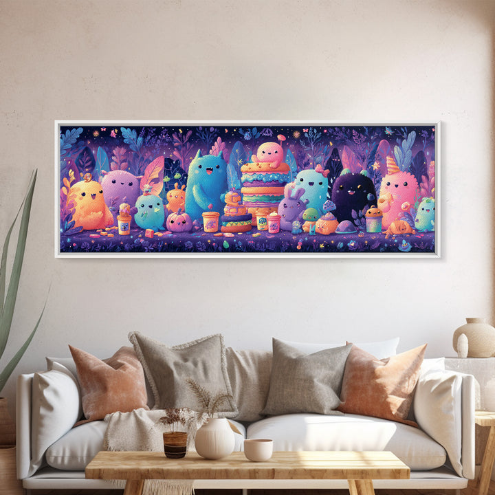 The Monster Friendship Picnic, Synthwave Halloween Art, Extra Wide Wall Art, Framed Canvas Print, Retro Halloween Decor, Neon Wall Art