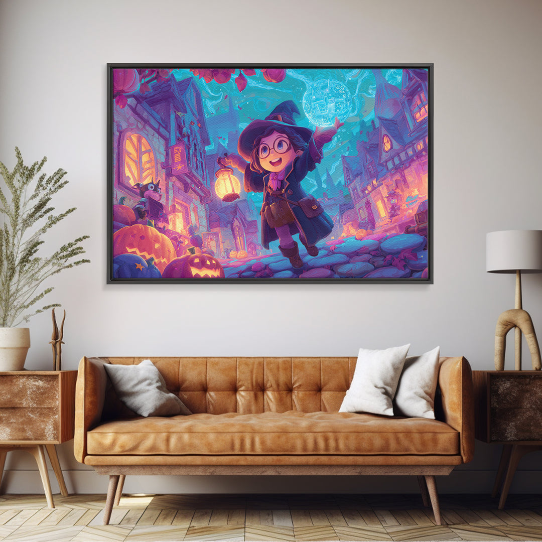 The Trick-Or-Treat Treasure Hunt, 80s Halloween Wall Art, Landscape Wall Art, Framed Canvas Print, Retro Halloween Decor, Neon Wall Art