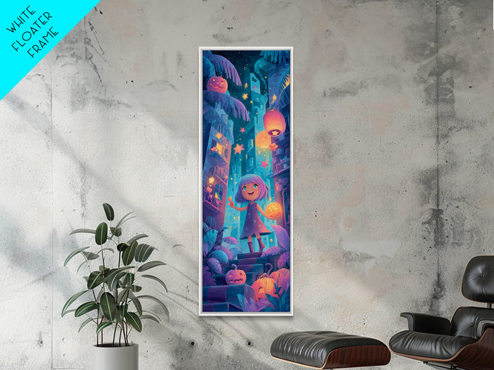 The Trick-Or-Treat Treasure Hunt, Cute Spooky Neon Art, Tall Narrow Wall Art, Canvas Print, Retro Halloween Decor, Neon Wall Art