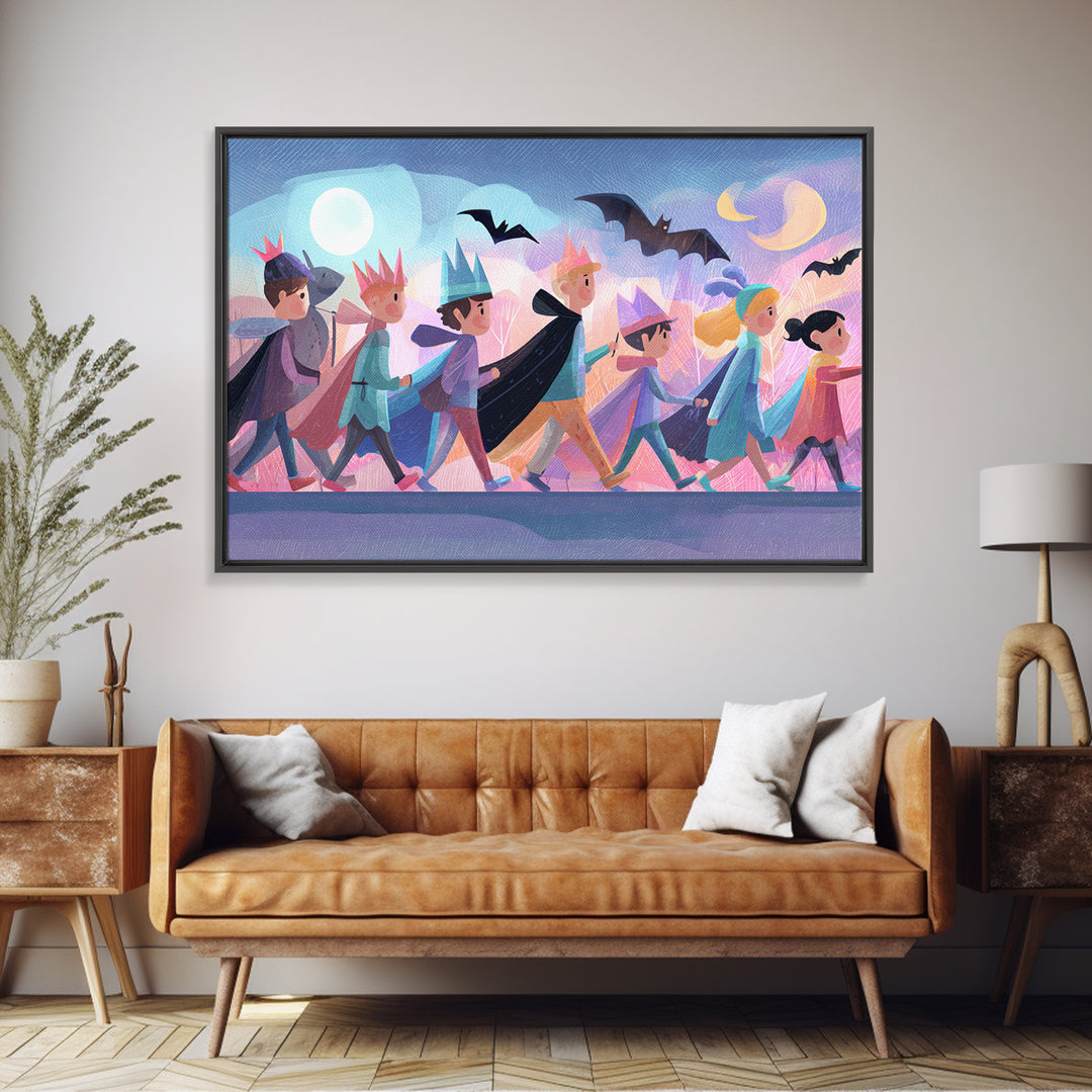 The Costume Parade, Cute Spooky Neon Art, Landscape Wall Art, Canvas Print, Retro Halloween Decor, Neon Wall Art, Statement Wall Art