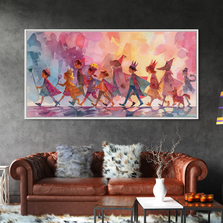 The Costume Parade, Retro Neon Halloween Art, Wide Panoramic Art, Canvas Print, Retro Halloween Decor, Neon Wall Art, Seasonal Home Decor