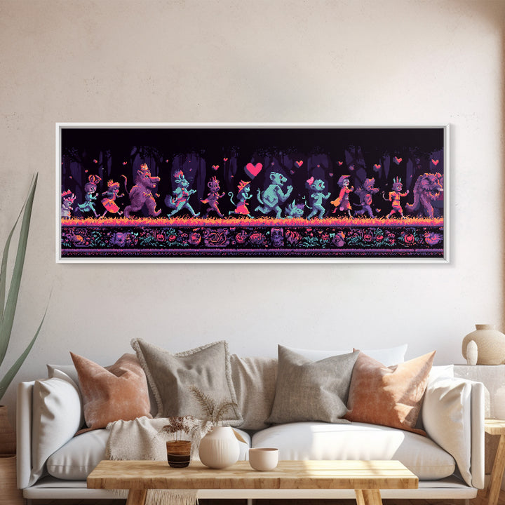 The Costume Parade, Synthwave Halloween Art, Extra Wide Wall Art, Canvas Print, Retro Halloween Decor, Neon Wall Art, Collectible Wall Decor