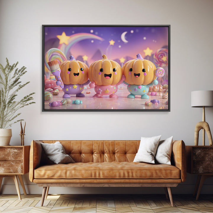 The Pumpkin Painting Party, Synthwave Halloween Art, Landscape Wall Art, Canvas Print, Retro Halloween Decor, Neon Wall Art
