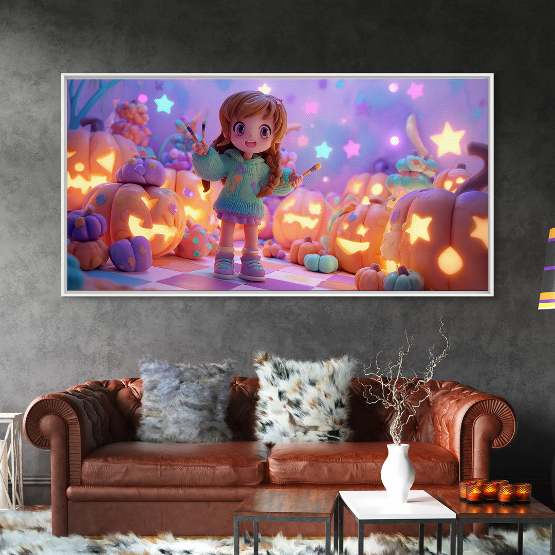 The Pumpkin Painting Party, Retro Neon Halloween Art, Wide Panoramic Art, Framed Canvas Print, Retro Halloween Decor, Neon Wall Art