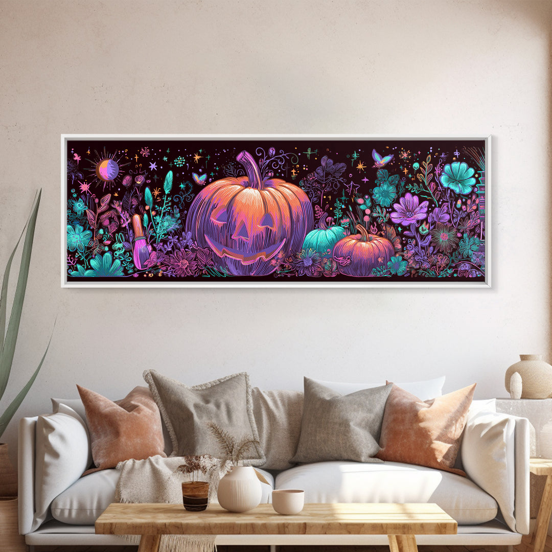 The Pumpkin Painting Party, 80s Halloween Wall Art, Extra Wide Wall Art, Canvas Print, Retro Halloween Decor, Neon Wall Art